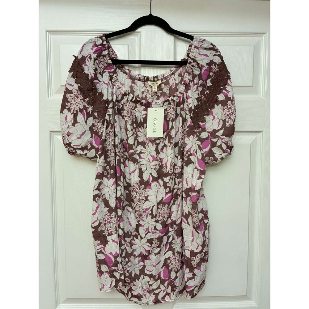 Como Blu Peasant‎ Blouse Womens 3X Black Floral Lace Shoulder Short Sleeve